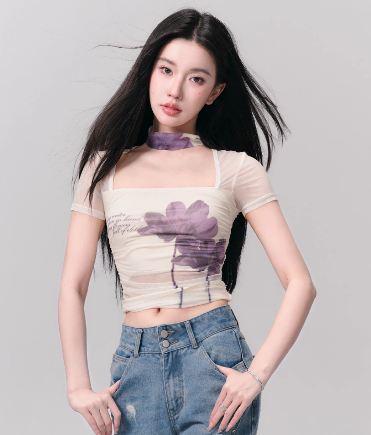 Pure Desire Printed Mesh Short Sleeve Slim T-shirt FRA0133