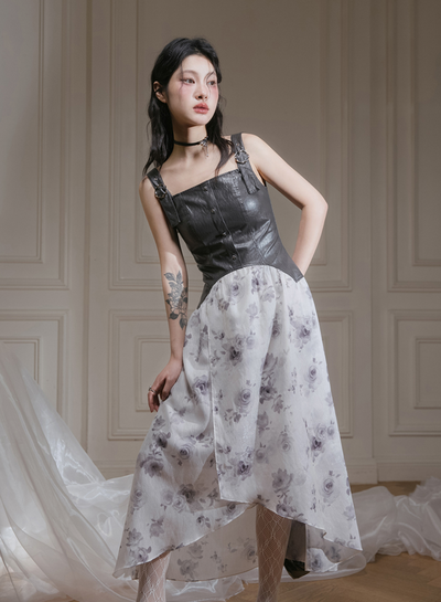 Glossy Leather Sleeveless Flower Print Dress COT0108