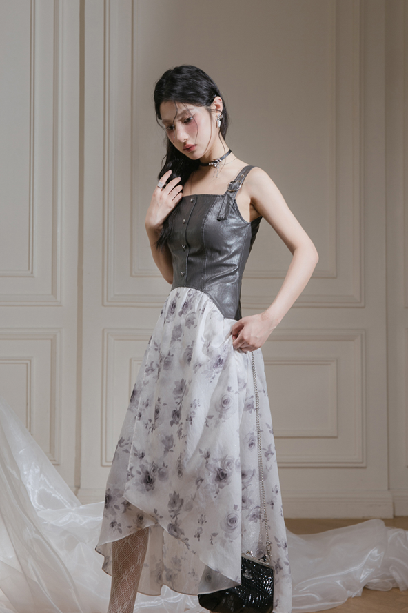 Glossy Leather Sleeveless Flower Print Dress COT0108