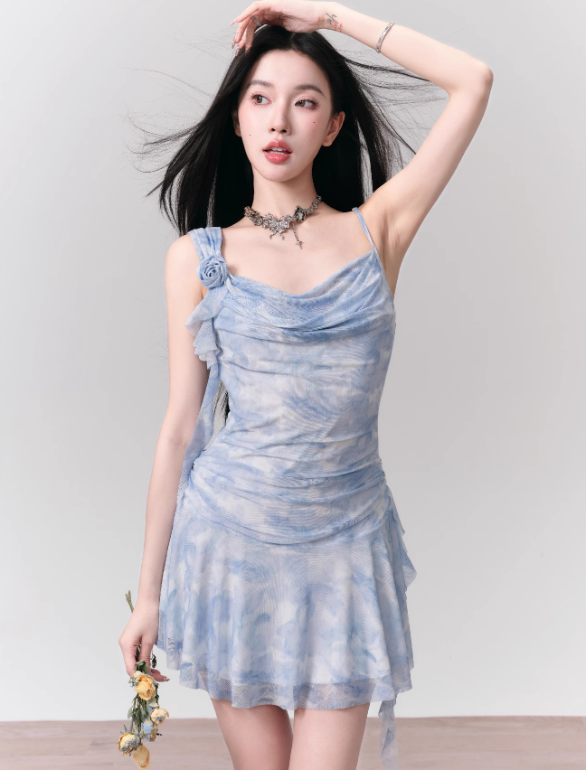 Blue Rose Ribbon Mesh Suspender Dress FRA0136