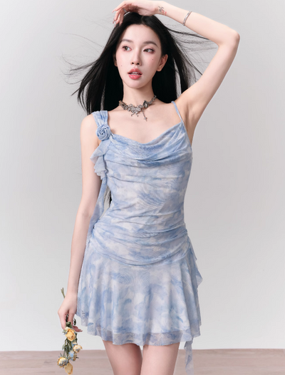 Blue Rose Ribbon Mesh Suspender Dress FRA0136
