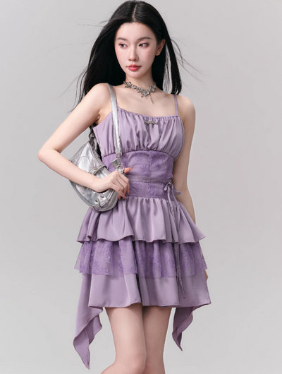 Pleated Lace Splicing Suspender Dress FRA0137