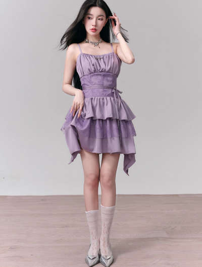 Pleated Lace Splicing Suspender Dress FRA0137