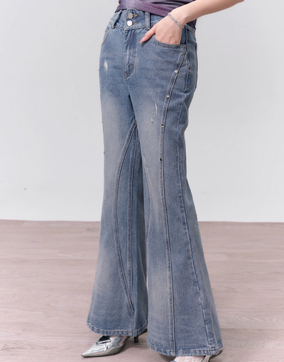 American Retro Rivet Split Washed Slim Flare Jeans FRA0139