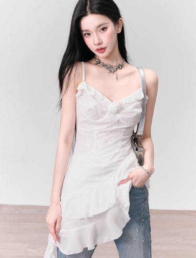 White Rose Holiday Lace Splicing Irregular Suspender Dress FRA0140