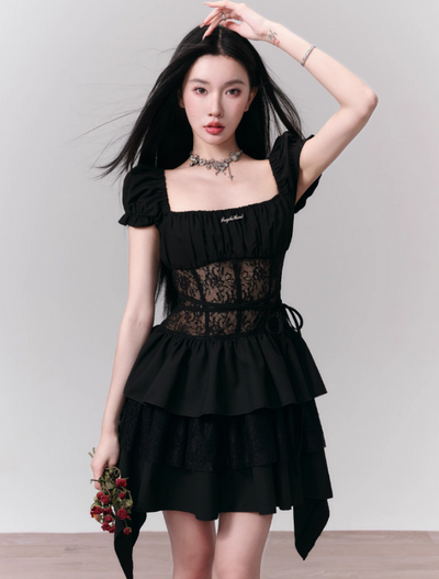 Black Romance Lace Hollow Puff Dress FRA0144