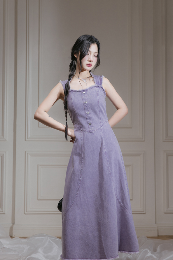 Purple Color Butterfly Studded Denim Sleeveless Dress COT0110