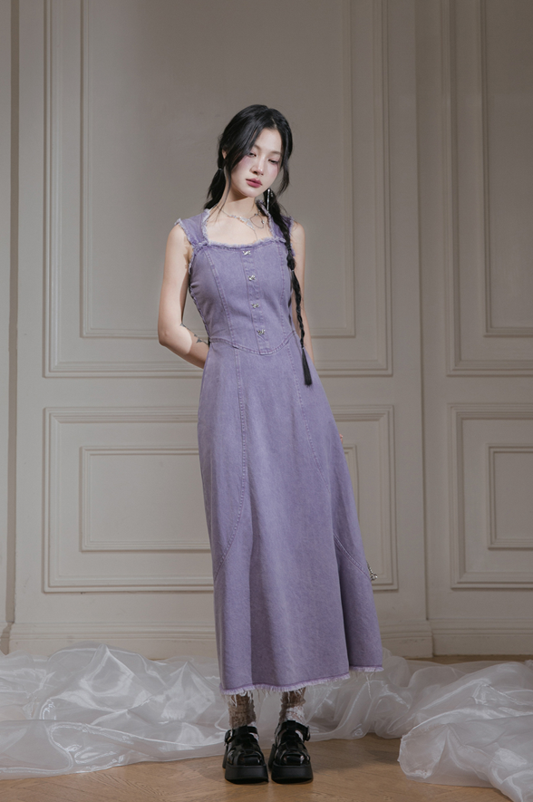 Purple Color Butterfly Studded Denim Sleeveless Dress COT0110