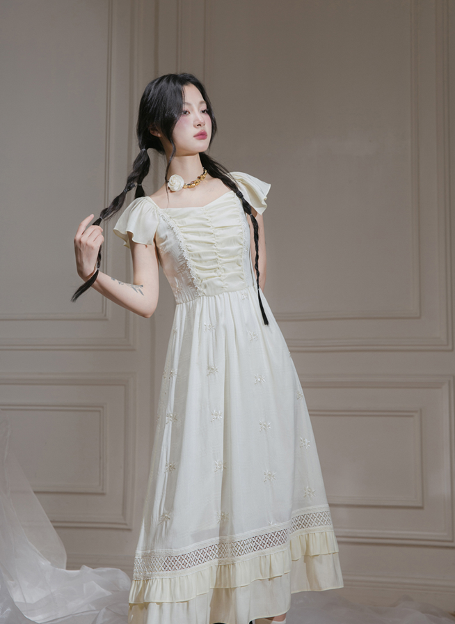 Flared Sleeve Hem Ruffle Lace Gathered Long Dress COT0113
