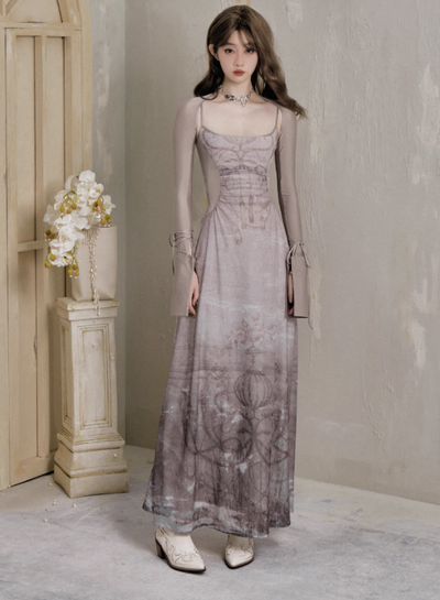 Utopia print camisole long dress & slim short length cardigan SAL0025