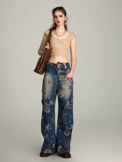 Old Flower Loose Casual Wide-leg Jeans VVO0036