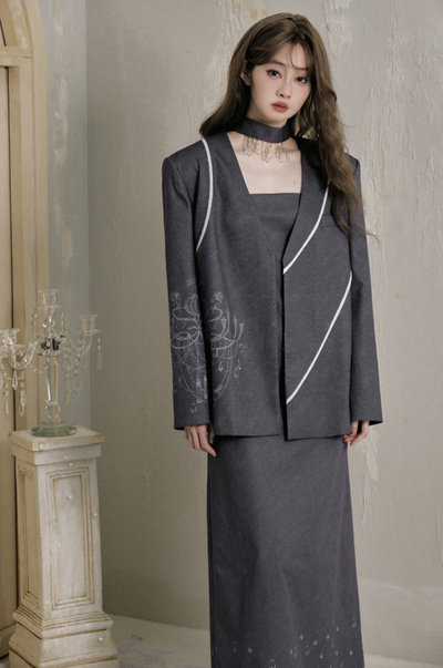 Delicately patterned asymmetrical no-collar jacket & slim long tie SAL0036
