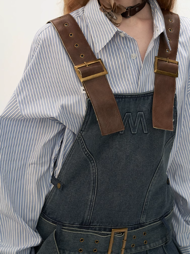 Retro Denim Suspender Pleated Skirt & Dolman Sleeve Stripe Shirt MAM0038