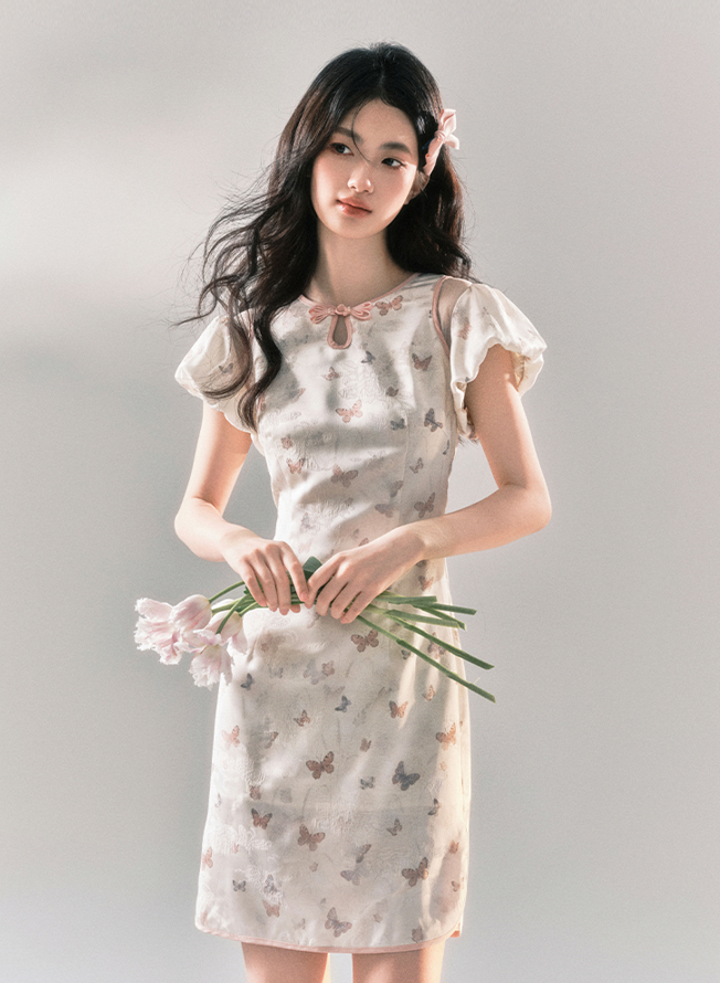 Ruffle Sleeve Butterfly Print Chinese Style Slim Dress YOO0032