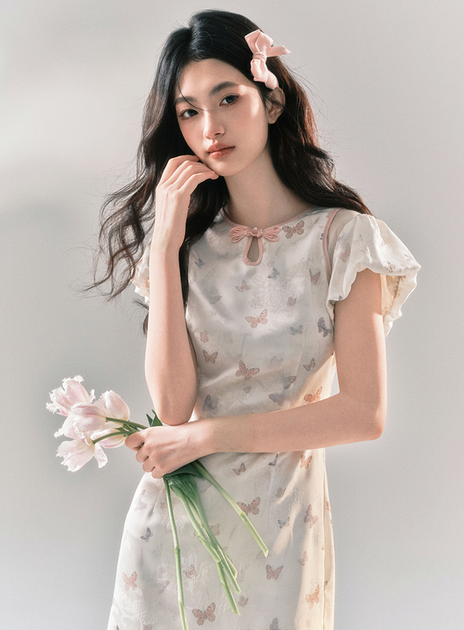 Ruffle Sleeve Butterfly Print Chinese Style Slim Dress YOO0032