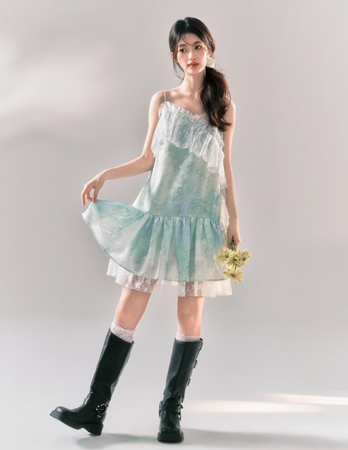 Frill Flower Lace Patchwork Camisole Dress YOO0033