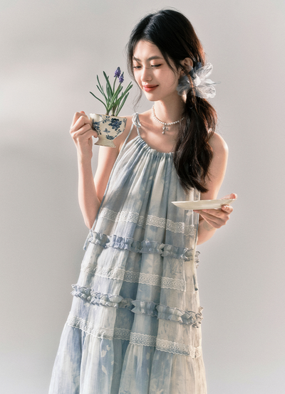 Botanical Print Lace Sheer Dress YOO0034