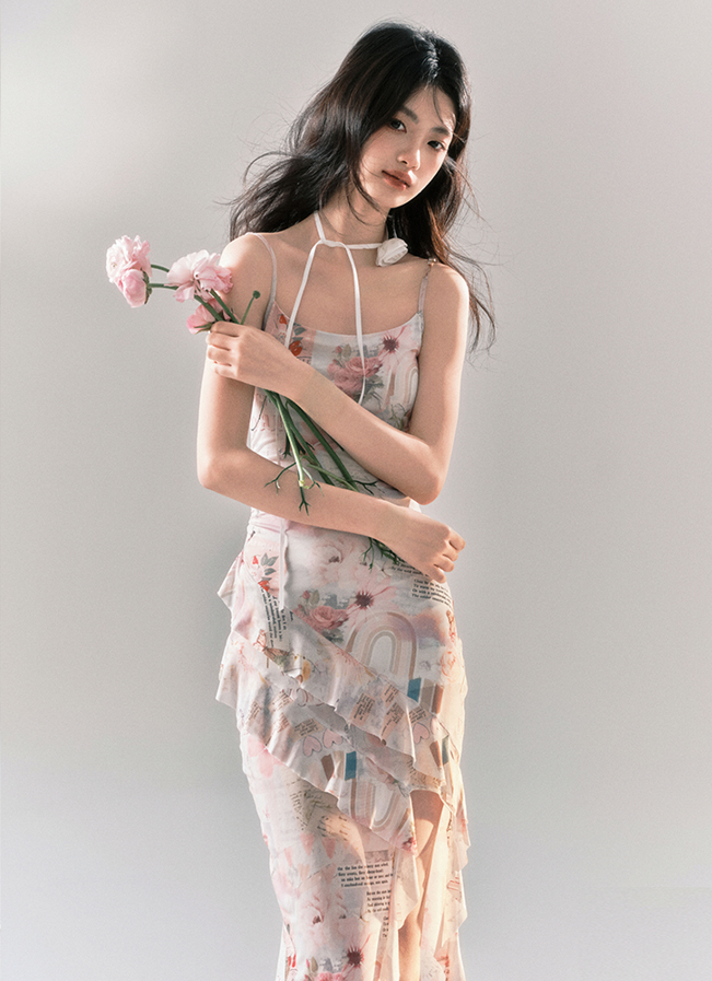 Flower Retro Print Ruffle Slit Slim Dress YOO0037