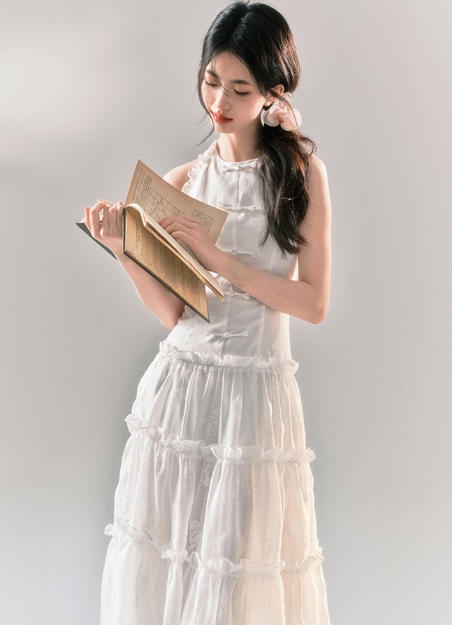 China Style Halter Neck Ruffle Gathered Dress YOO0038