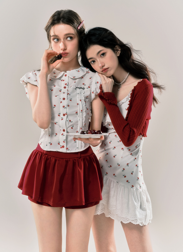 Retro Sweet Cherry Print Puff Sleeve Blouse & Red Pleated Culottes Skirt YOO0047