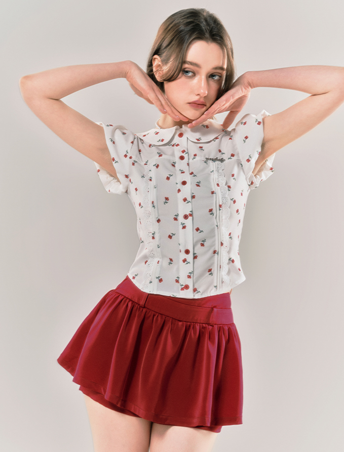 Retro Sweet Cherry Print Puff Sleeve Blouse & Red Pleated Culottes Skirt YOO0047