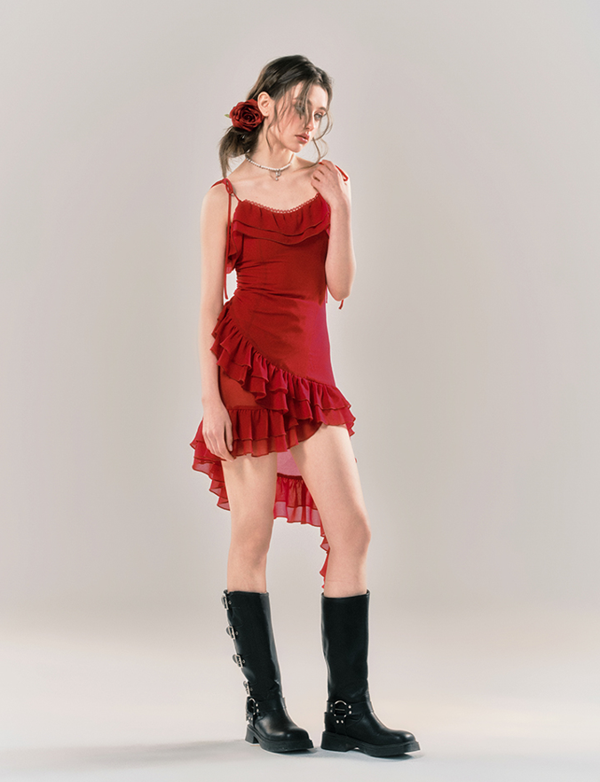 Asymmetrical Hem Frilled Camisole Sexy Dress YOO0048