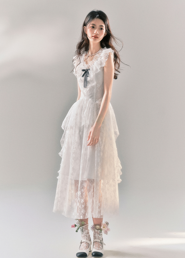 Frilled Sleeves & Collar Flower Lace Maiden Dress YOO0056