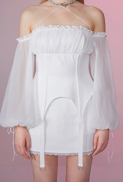 Off-Shoulder Sheer Flared Sleeve Gathered Blouse & Lace Hem Tight Skirt GIF0033
