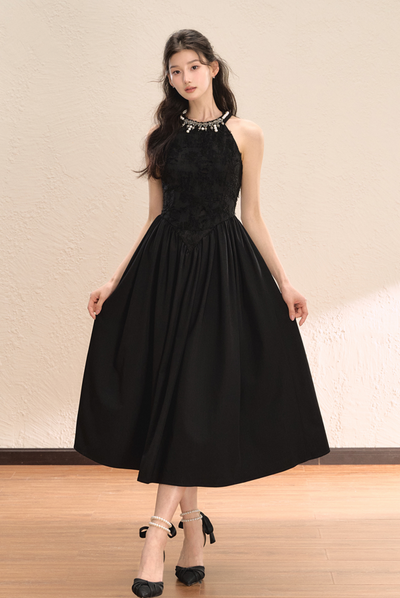 Pearl Halter Neck Black Elegance Long Dress OSH0047