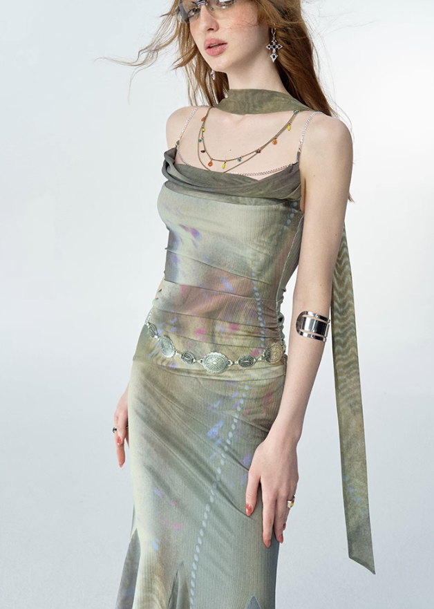 Diamond Chain Splicing Printed Dress OFA0132