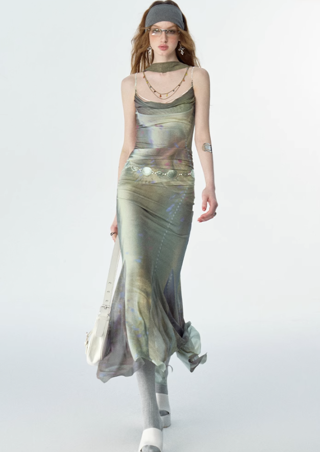 Diamond Chain Splicing Printed Dress OFA0132