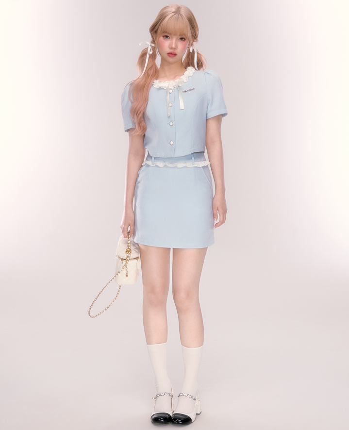 Ruffle Ribbon Collar Girly Short Sleeved Jacket Top & Waist Ruffle Mini Skirt QDQ0048
