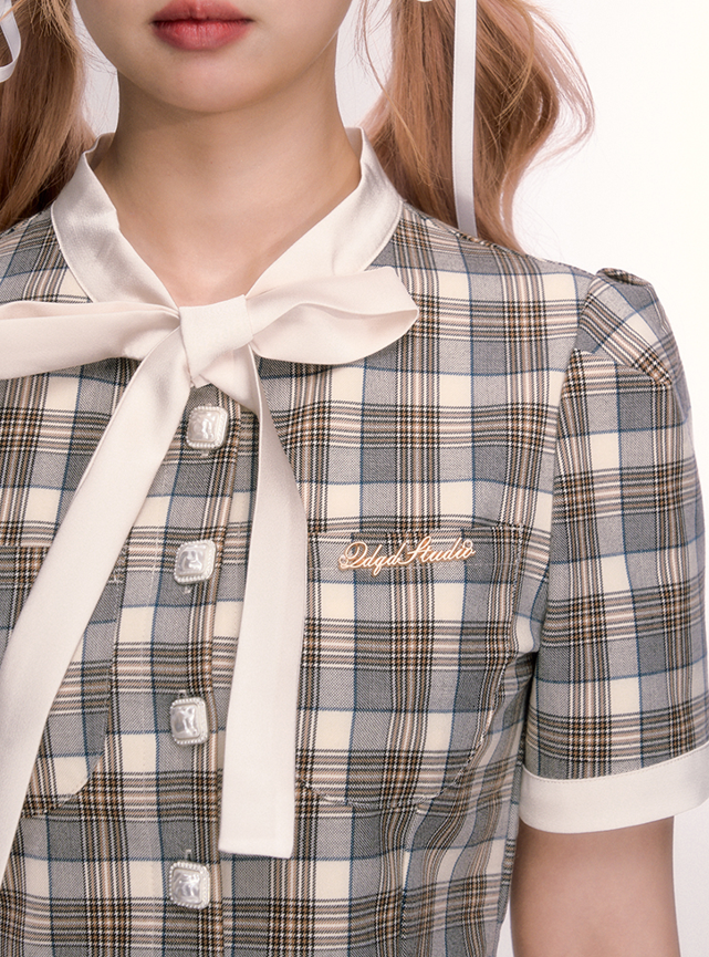 Plaid Short Length Girly Ribbon Top & Pleated Miniskirt QDQ0049