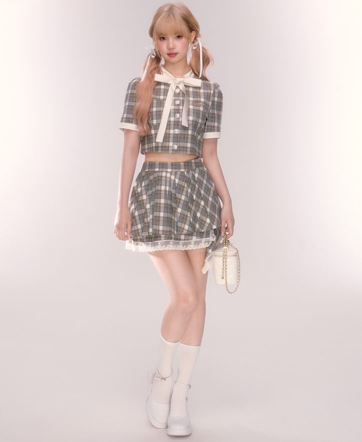 Plaid Short Length Girly Ribbon Top & Pleated Miniskirt QDQ0049