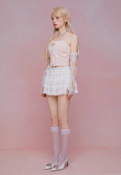 Frilled girly tube top & ribbon perforated gloves GIF0041