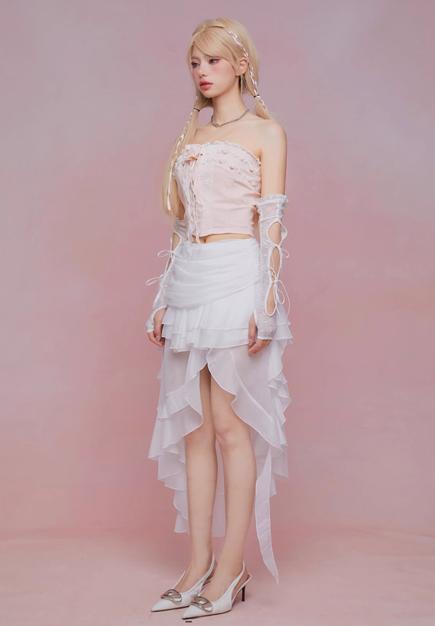 Frilled girly tube top & ribbon perforated gloves GIF0041