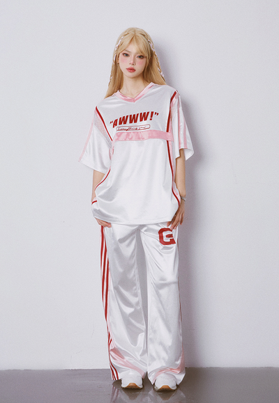Street Sports Style Short-Sleeved Top & Sidelined Loose Pants GIF0047