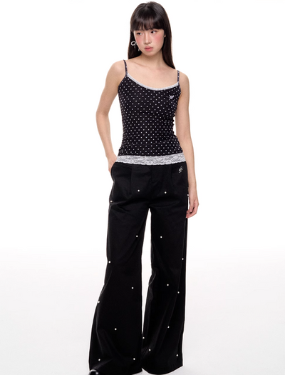 Black Embellished Pearl Wide-leg Long Pants NEC0091
