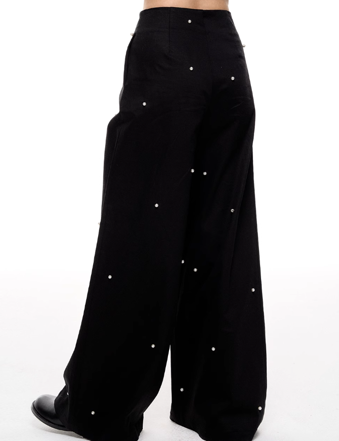 Black Embellished Pearl Wide-leg Long Pants NEC0091