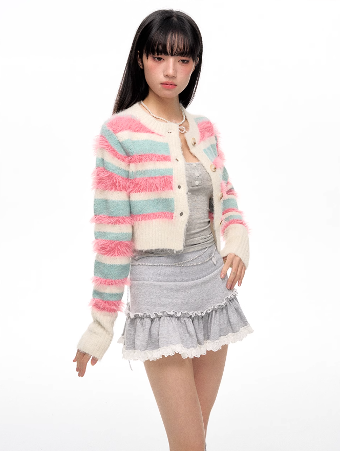 Three-color Rainbow Striped Knitted Cardigan NEC0101