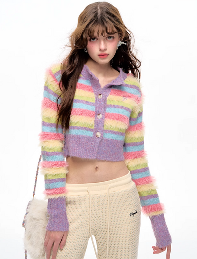 Three-color Rainbow Striped Knitted Cardigan NEC0101