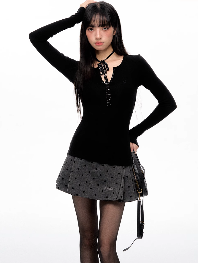Two-color Button Long-sleeved Top NEC0103