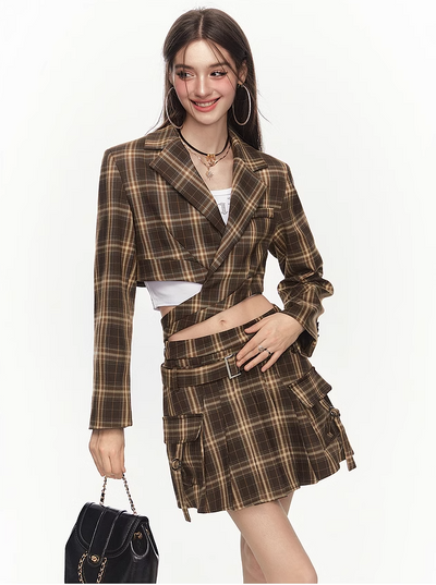 Exposed Waist Plaid Short Jacket/Half Skirt MEE0125