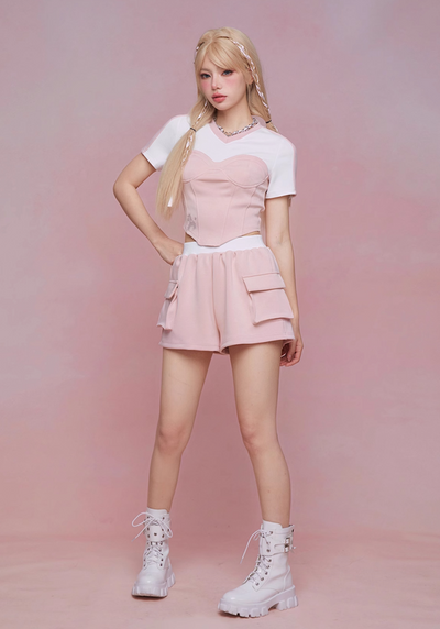 Poodle Embroidery Casual Tube Top Docking T-Shirt & Pocket Shorts GIF0059