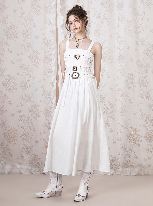 Sleeveless Long Dress with Belt and Lace Bow Design IMO0034