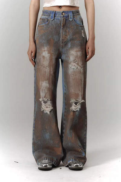 Distressed straight mud ripped jeans KIN0110