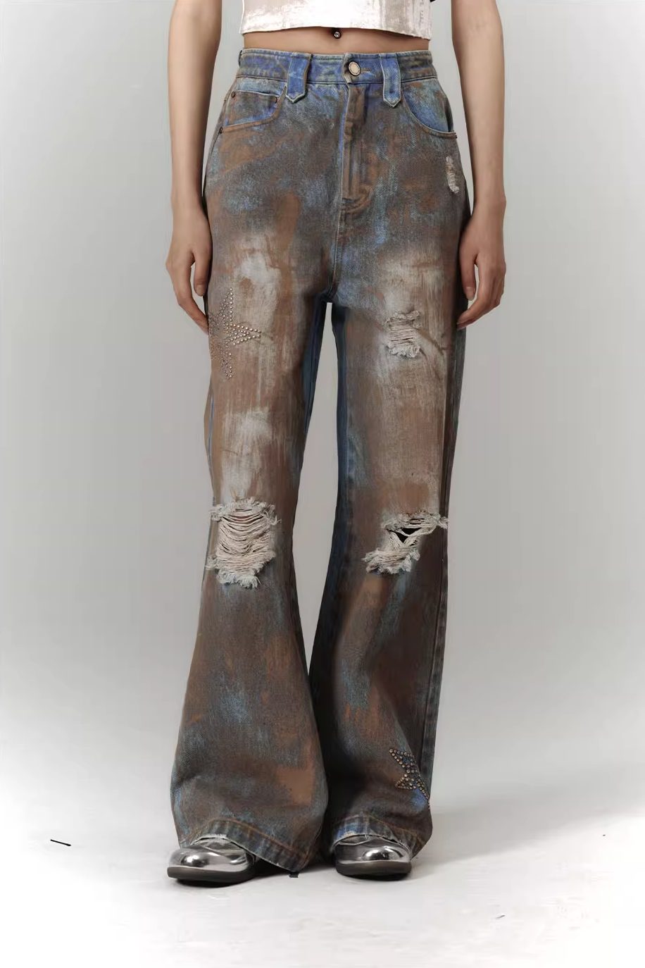 Distressed straight mud ripped jeans KIN0110