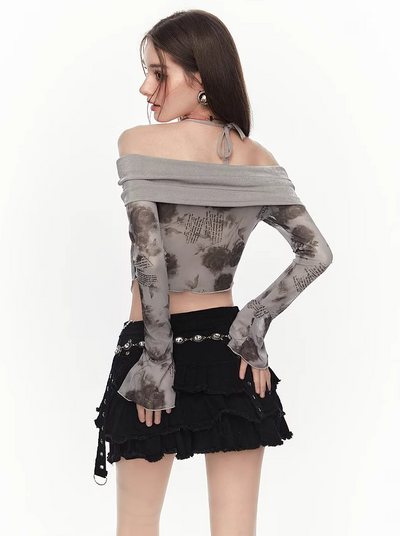 Halterneck Strappy Ruffled Long-sleeved T-shirt MEE0134