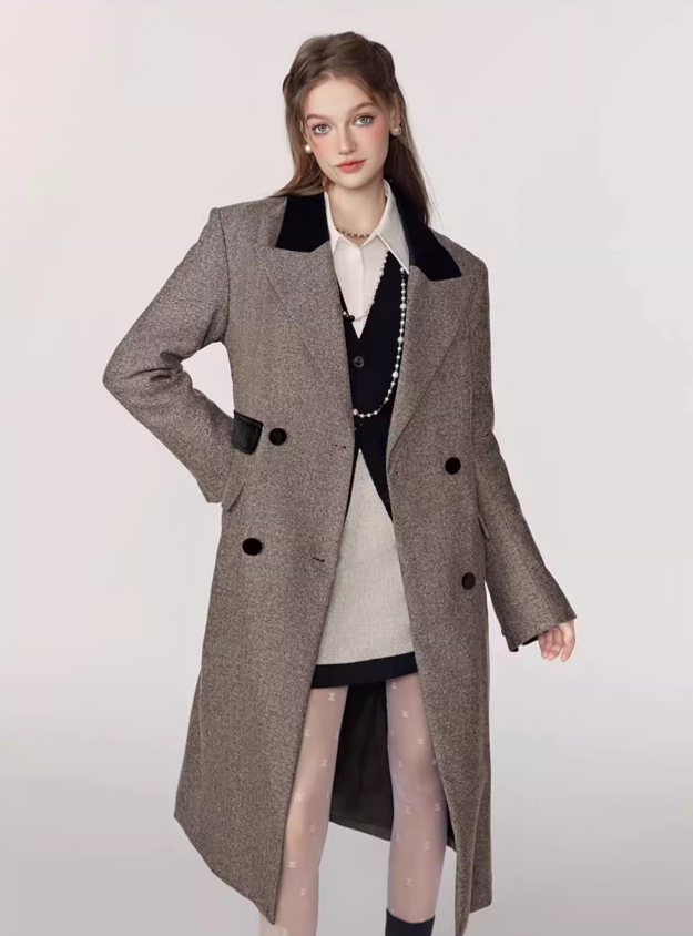 Herringbone Mid-length Woolen Coat MEE0138