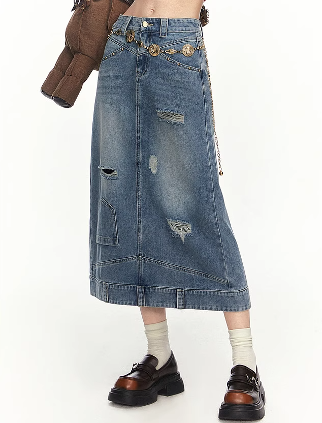 Mid-length Old Ripped Denim Skirt MEE0145